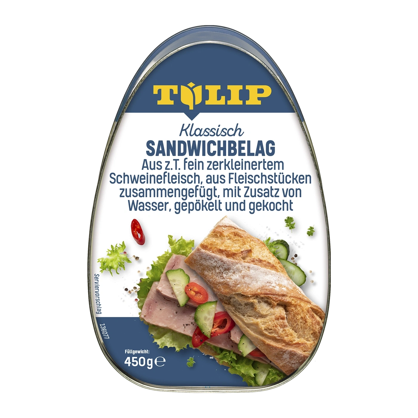 Ein Glas mit Tulip Sandwichbelag, mit einem Sandwich und Zutaten.