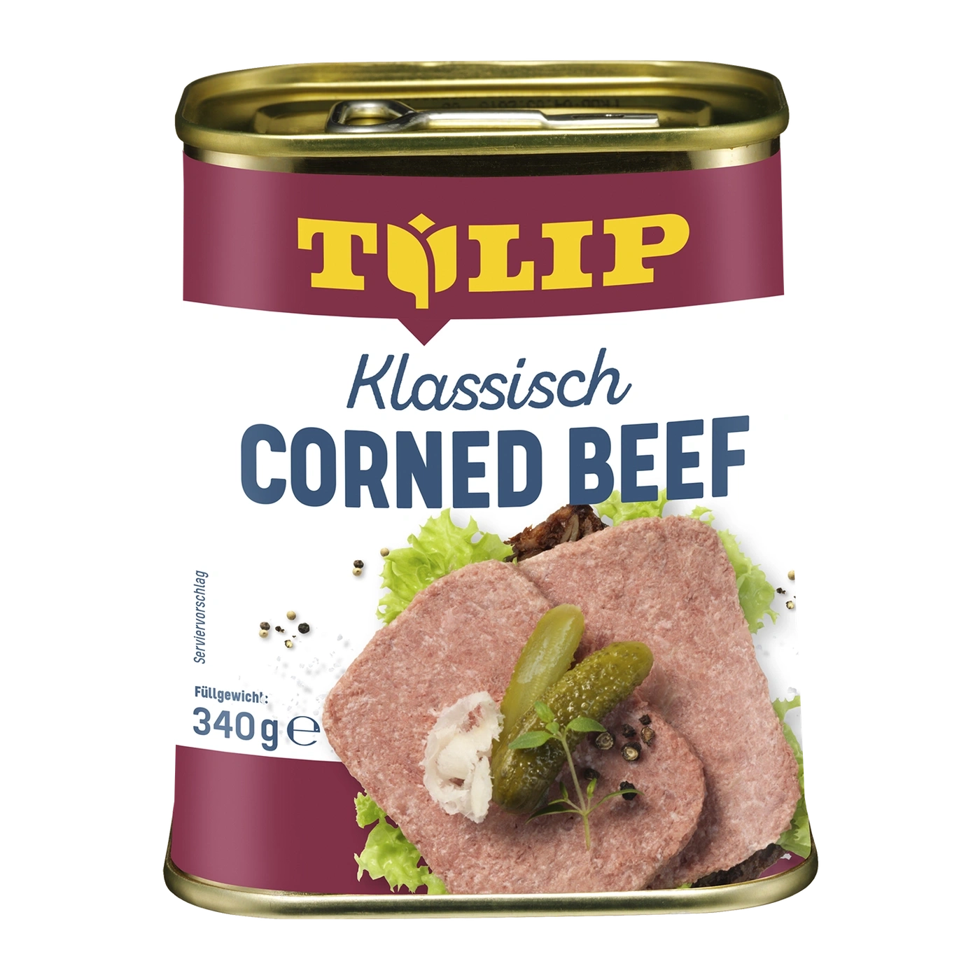 Tulip Corned Beef klassisch in der Dose mit Gurken und Salat